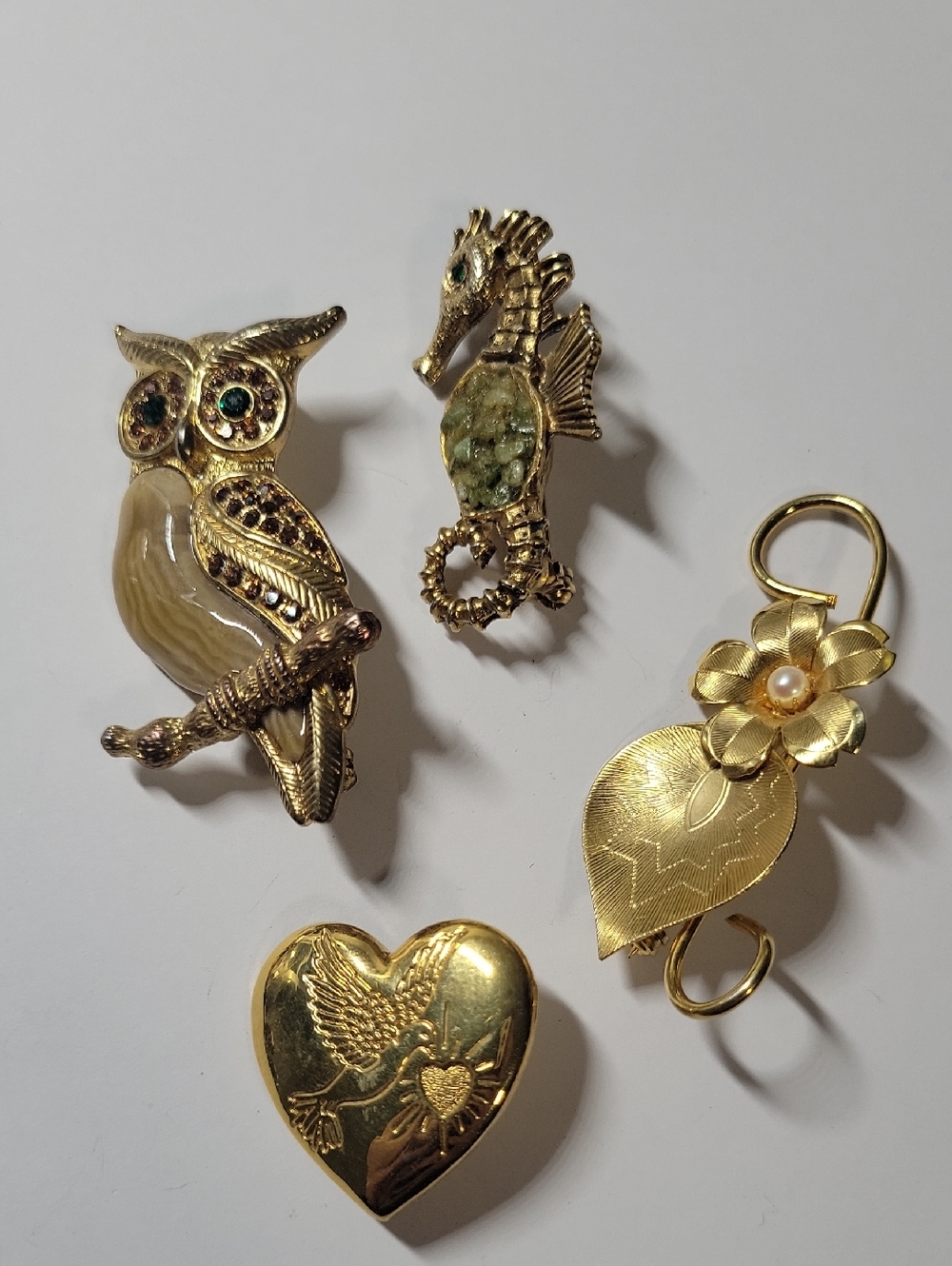 Gold Tone Owl, Seahorse, Heart & Flower Brooch Lot - Green Accents